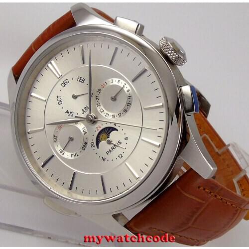 43mm Parnis white dial Power Reserve Indiactor 316L stainless steel watch case brown leather strap automatic mens watch