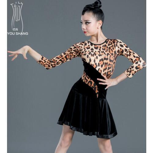 New Girls patchwork long sleeve Latin Dance Dress Children leopard Dance Performance Competition Standard Kids Dance Costumes