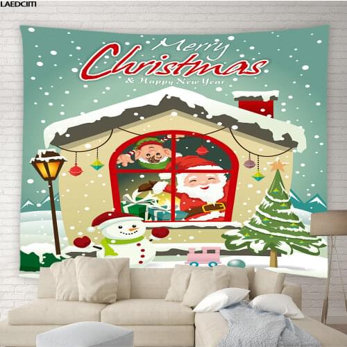 Merry Christmas Child Bedroom Tapestry Xmas Cartoon Santa Snowman Background Wall Hanging Cloth Home Holiday Decor Curtain Gift