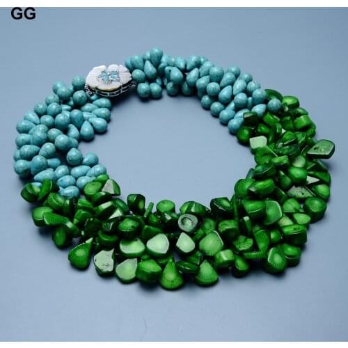 GuaiGuai Jewelry 3 Rows Green Coral Blue Teardrop Turquoise Real Gems Necklace Shell Flower Clasp Handmade For Women