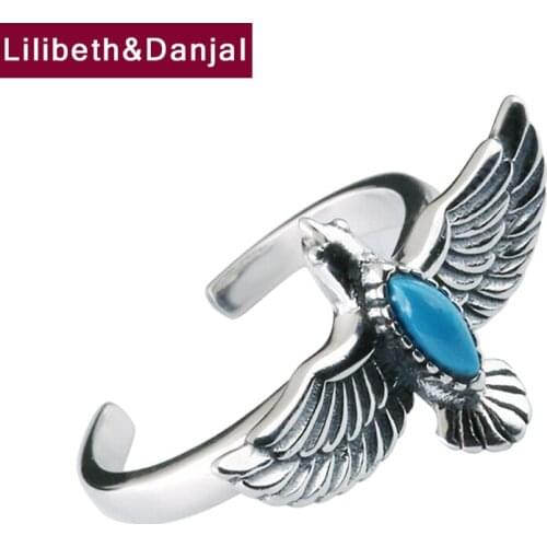 Flying Eagle Inlaid Blue Turquoise Pure 925 Sterling Silver Indian Style Gifts Men Women Adjustable Ring Fine Jewelry 2020 R42