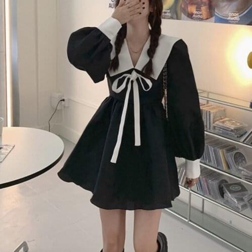 Korean Fashion Party Mini Dresses Women Autumn Bow Slim Sweet Kawaii Elegant Dress Bubble Sleeve Harajuku Casual Cute Dress 2021