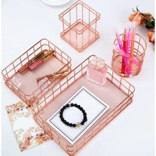 Rose Gold Wrought Iron Storage Baskets Pink Desk Office Accessories for Home Garden Organization