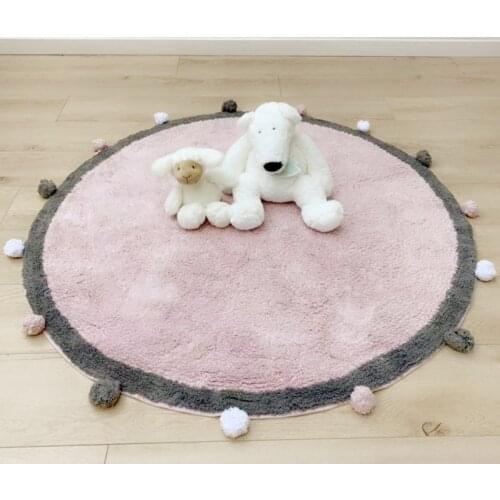 Nordic Round Rug With Pom Poms Cotton Fluffy Floor Mat Rugs Kilim for Baby Children Kids Bedroom Living Room Decoration Carpet
