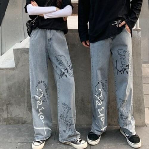 Harajuku Cute Dinosaur Jeans Femme Fall Kawaii Loose WomenS Fashion Trousers Funny Korean High-Waist WomenS Straight-Leg Pants