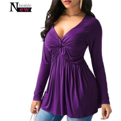 Fashion Long Sleeve Tee Shirt Loose V-neck Fold T Shirt Women Casual Sexy Solid Color Cotton Tshirt Women Top Plus Size T-shirt