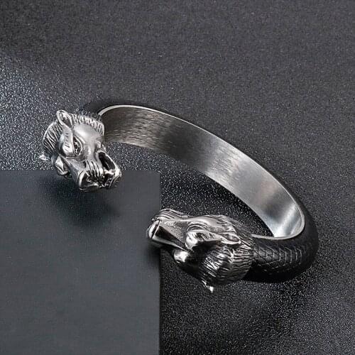 Trendy male stainless steel jewelry punk style personality domineering wolf head titanium steel open bracelet