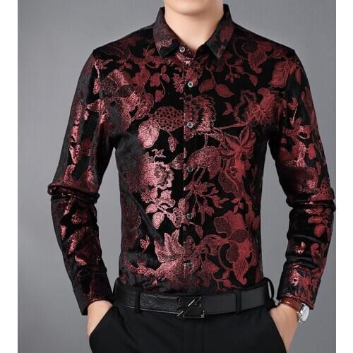 Mens Velour Clothing Luxury Bright Color Floral Shirts Autumn Male Gold Velvet Flowers Long Sleeve Dresses Free Shipping