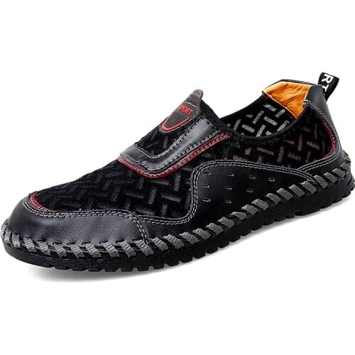 New Mens Handmade Leather Mesh Splicing Sandals Summer Classic Black Beach Sandals Fashion Casual Slippers Size 38-47