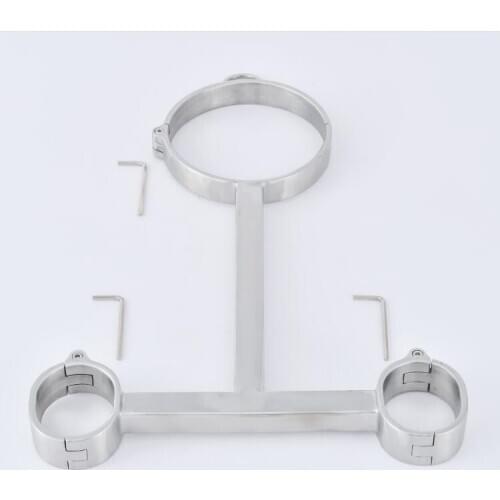 Screw Lock Stainless Steel Bondage Yoke Pillory Handcuffs Shackles Wrist Cuffs Neck Ring Collar Restraints Cangue Adult Sex Toy