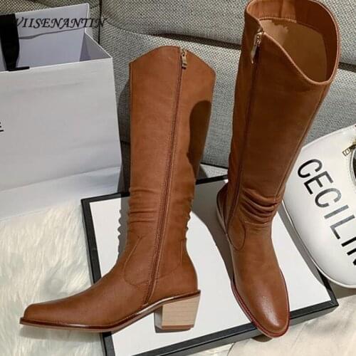 Autumn and Winter Round Toe Stitching Fold Side Zipper Long Boots Thick Heel Mid-heel Knight Boots Leather High Boots Dark Brown