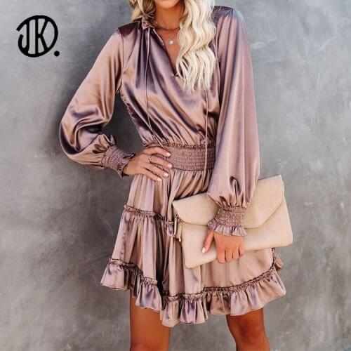 Autumn Pink Satin Summer Dress Female Long Lantern Sleeves Sexy Mini Dresses Bodycon V-neck Night Club Dresses Femme Vestidos XL