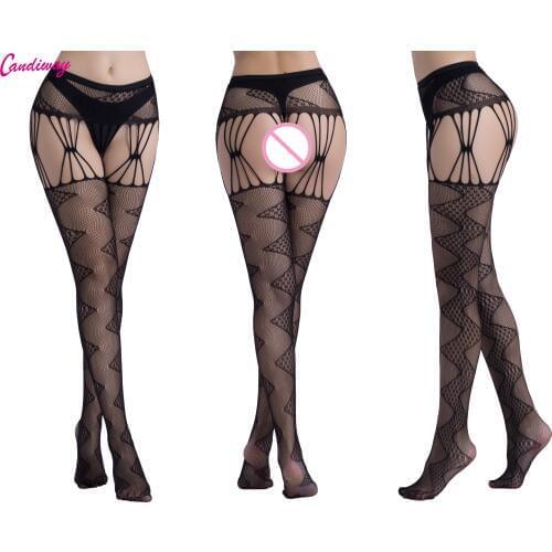 Candiway Sexy Black Hollow Fishnet Elegant Jacquard Print High Waist Suspender Tights Garter Belt Pantyhose Series