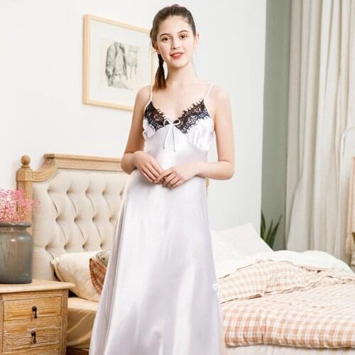 QUBILAH Sexy Womens Pajamas For Sleeping Summer Sling Silk Nightdress Women Lace Nightgown Sleepwear Summer Clothes