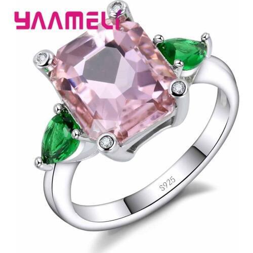 Authentic 100% 925 Sterling Silver Wedding Ring Big Pink Square CZ Finger Jewelry Fashion Cubic Zirconia Ring for Women
