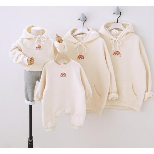 Rainbow Winter 2021 Hooded Family Matching Outfits Plus velvet Sweatshirt Parents & Kids Shirt Baby Long Romper Couple Clothes