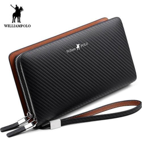 WILLIAMPOLO mens wallet 2019 Luxury Business Solid Double Zipper Men Genuine Leather Handbag Cowhide Long Men Clutch Bag Wallet