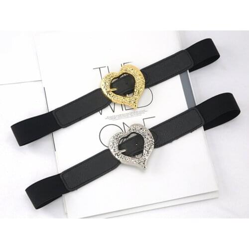 Luxury Design Women Belts Gold Heart Buckle Stretch Elastic PU Wide Jeans Waist Belts Female
