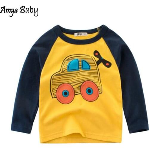 Amya Baby Spring Autumn Kids Shirts Boys Long Sleeve Tops Cotton Car Print Birthday Tshirt Children Clothing Toddler Boy Shirts