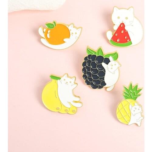 XEDZ Kawaii White Cat Enamel Pin Grape Watermelon Pineapple Orange Banana Cat Cartoon Pins Summer Jewelry Brooch Gift for Kids