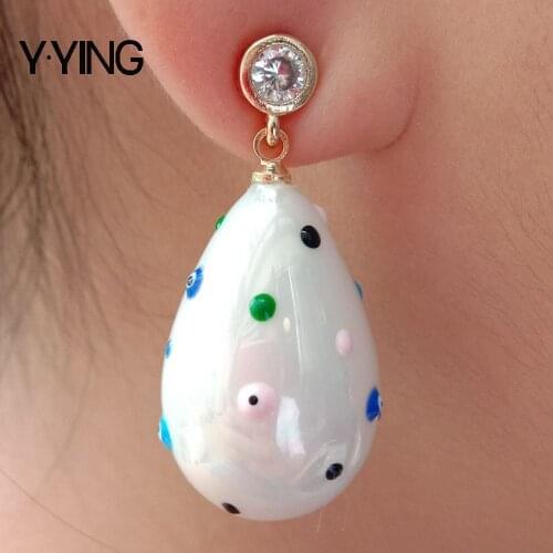 Y·YING White Sea Shell Pearl Teardrop Enamel Cz Dangle Stud Earrings for women Wedding Party Jewelry Gift