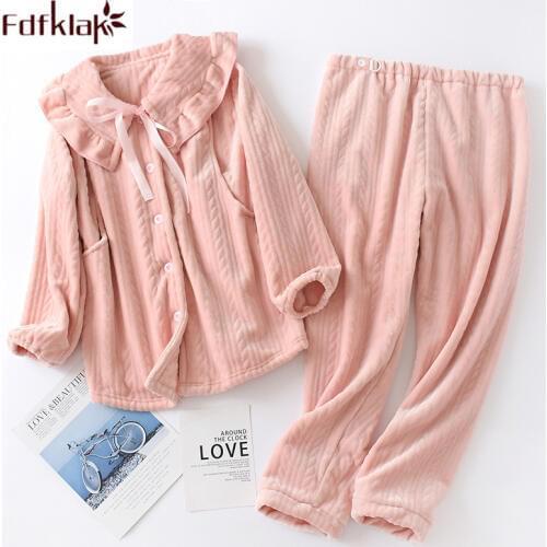 Flannel pajamas women new autumn winter sleepwear set long sleeve lounge pijamas sets pyjama femme 2019 thick warm pajama suit