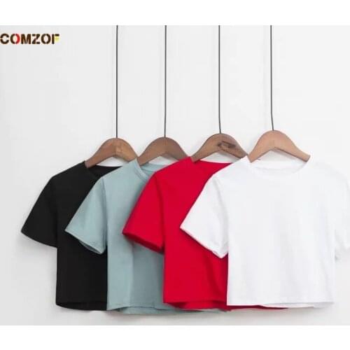 2021 Summer Women Short Sleeve T Shirt Solid Vintage Crew-Neck Crop Tops Casual Tees Harajuku Clothing Blouses