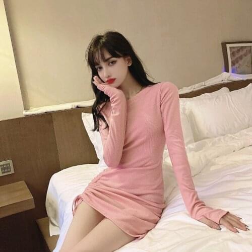 Wenfly Womens Clothes Drawstring Ruched Slim Elegance Dress O-Neck Lomg Sleeves Korean Buttocks Skinny Mini Dresses