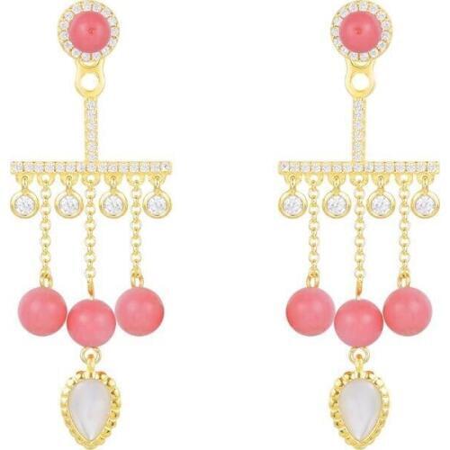 SLJELY Brand Red Coral Drop Earrings for Women 925 Sterling Silver Cubic Zirconia Candy Earrings Fine Party Dinner Jewelry