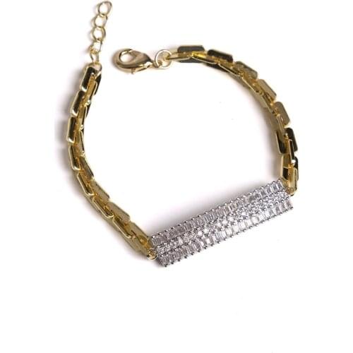 Womens Gold Color Row Stone Square Sequins Design Chain Bracelet Womens Gold Womens Zircon Charm Figure Gold Color Bracelet