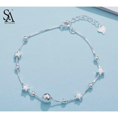SA SILVERAGE 925 Sterling Silver Charms Bracelets Bangles for Women 925 Silver Star Ball Chain Link Bracelets Pulseira Feminina