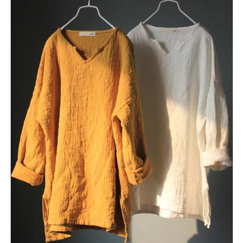 Spring Double layer Solid color Cotton Linen Women Long Sleeve pullover Female V-neck flax cutton Blouse Female Top shirts