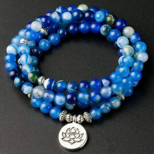 Women Men Handmade 6MM Natural Blue Stripes Onyx Stone Yoga Balance Energy 108 Mala Lotus108 Bead Bracelet Jewelry Dropshipping