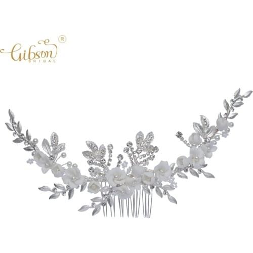 White Ceramic Flower Handmade Long Hair Comb Bridal Headpiece Wedding Hair Accessories Women Hairpiece