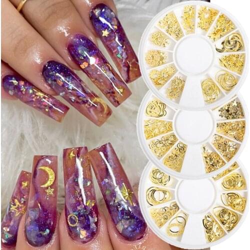 1 Box Gold Nail Art Rivets Alloy Stud Mixed Style Moon Star Shell Geometry 3D Nail Tips Decorations Metal Frame Manicure Jewelry
