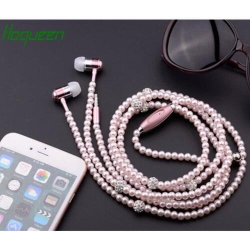 Hoqueen 10pcs fashion jewelry Pearl necklace earphone stereo Handsfree Headphone with mic for iphone Samsung