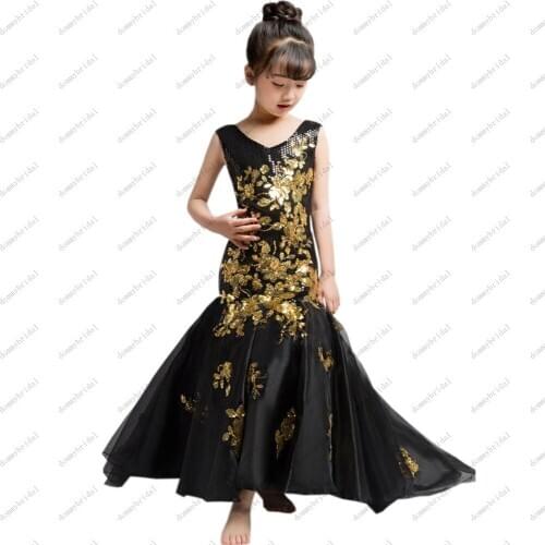 2021 Sexy Black and Gold Embellished V neck Mermaid Little Girls Pageant Prom Formal Dresses for Juniors Kids Birthday Party