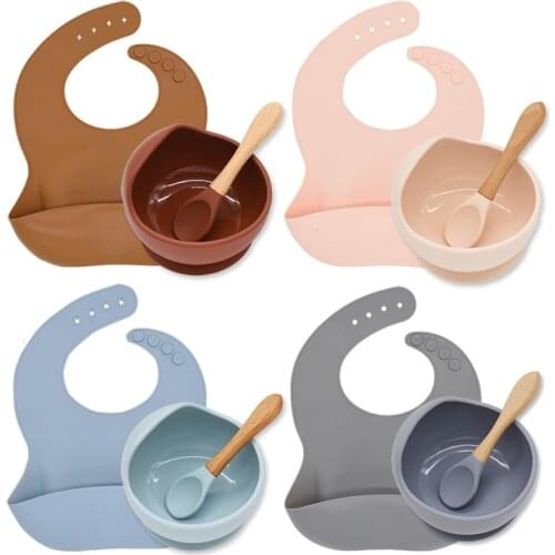3Pcs/Set Baby Bibs Bowl Spoon BPA Free Solid Color Silicone Tableware Waterproof Bibs Toddler Food Grade Feeding Set