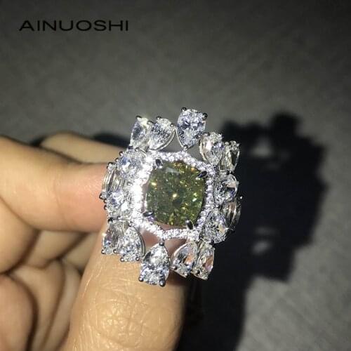 AINUOSHI 14K/18K Gold 7.5X8.5mm Cushion Cut 3.0ct Green AINUOSHI Stone Double Halo Luxury Party Rings for Women Elegant Jewelry