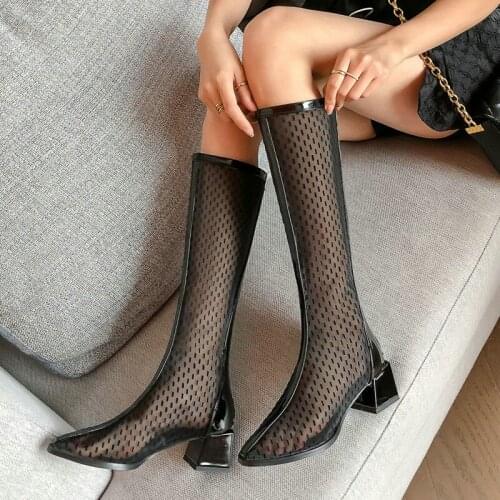 Big Brand Black Beige Women Sandals with Zipper Pointed Toe Thin Soles Sexy Ladies High Heels Knee High Mesh Sandals Transparen
