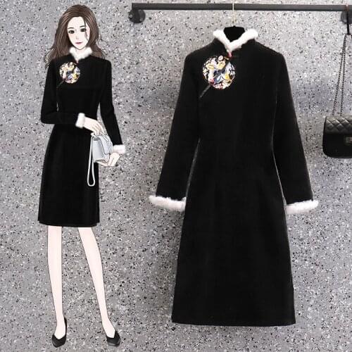 EHQAXIN Plus Size Women Improved Cheongsam Dress 2021 Autumn Winter Retro Black Printing Thickened Warm Dress Ethnic Style M-4XL