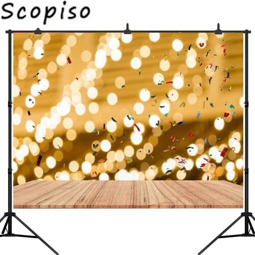 Scopiso Photography Backdrops Wooden Floor Gold Shine Bokeh Party Photo Background for Birthday Custom Backdrop