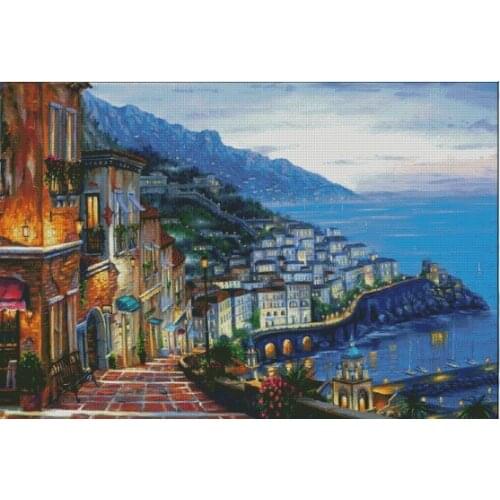 Lakeside town scenery sea Handmade Needlework Embroidery DIY Cross Stitch Kits Crafts 14CT Unprinted Home decor wall Art