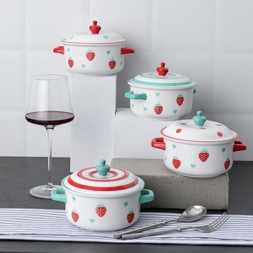 Strawberry ceramic bowl with cover household double ear noodle soup rice stew bowl fresh fruit salad baking tableware