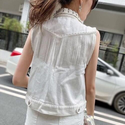 Summer Sleeveless Denim Jacket Women Punk Style Slim Rivets Tassel white Black Vest Single Breasted Jean Waistcoat Streetwear