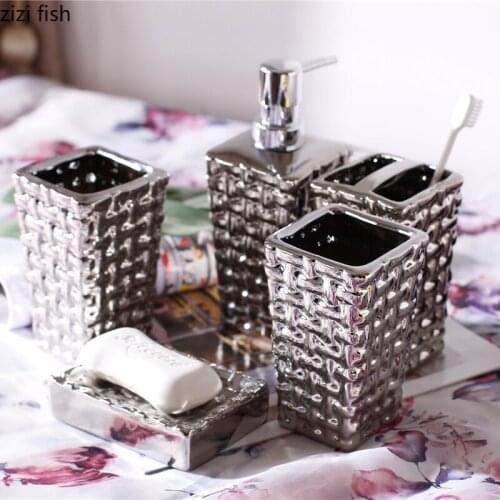 Square Electroplating Silver Ceramic Lotion Bottle Mouth Cup Toothbrush Holder Household Portable Soap Dispenser Bathroom Decor