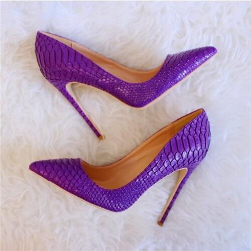 Hot Selling Purple Snake Skin Leather Pumps Women Shoes Customized Pointed Toe High Stiletto Heels Ladies Shoes 12cm Slip-on