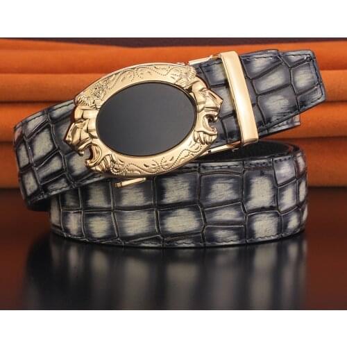 High Quality Crocodile pattern leather automatic buckle belt men luxury brand lion buckle fashion Western style Waist strap