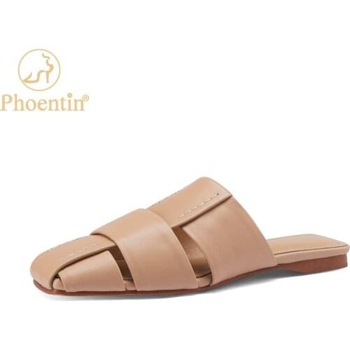 Womens Mules shoes 2021 summer new cow leather outdoor casual cover toe slippers female lazy shoes flat half slippers FT1524