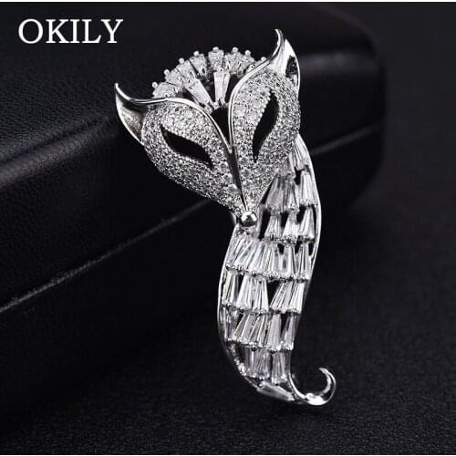 OKILY Lovely Zirconia Fox Brooches Pins Silver Color Fashion Animal Brooch Scarf Clip Suit Hats Dress Accessory Gifts for Men